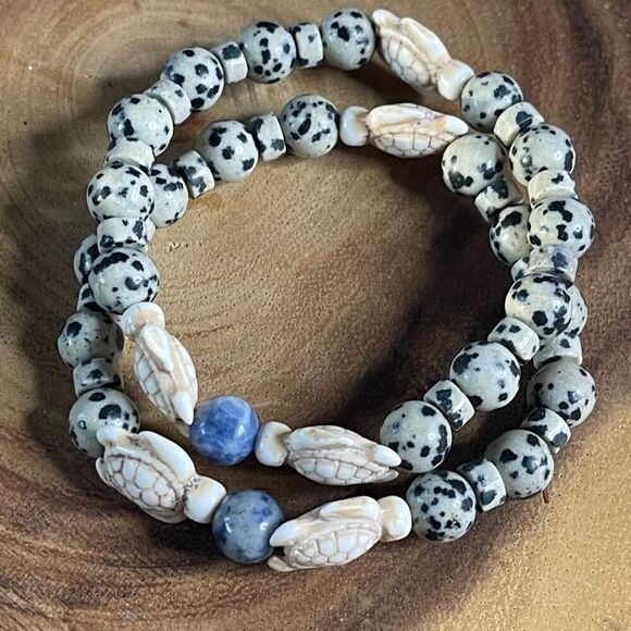 Sea turtle blue dot stone Dalmatian jasper stretch bracelet crystal beaded - Picture 4 of 6
